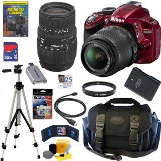 Nikon D3200 24.2 MP CMOS Digital SLR Camera (Red) with 18 55mm f/3.5 5.6G AF S DX VR Lens and Sigma 70 300mm f/4 5.6 SLD DG Macro Lens with built in motor + EN EL14 Battery + 10pc Bundle 32GB Deluxe Accessory Kit  Camera & Photo