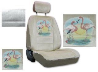 Seat Cover Connection Flamingo Sparkle print 2 Low Back Bucket Car Truck SUV Seat Covers with 2 Head Rest Covers   Tan Automotive