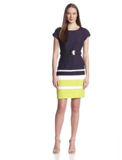 Sandra Darren Women's Cap Sleeve Striped Bottom Belted Dress, Black/Tan/Ivory, 12 at  Womens Clothing store: