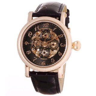 Stuhrling Symphony Maestro Skeleton Watch   Men's Leather Band Black Dial with Rose Gold Case: Jewelry