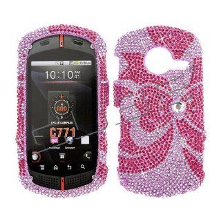 Verizon Casio G'zone Commando C771 C 771 Cover Faceplate Face Plate Housing Snap on Snapon Protective Hard Crystal Case Full Diamond Red Bow Tie on Pink Cell Phones & Accessories