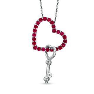 Lab Created Ruby and Diamond Accent Heart Pendant with Key Charm in