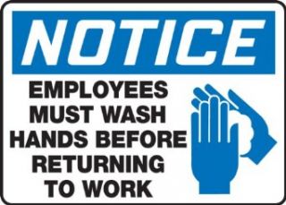Accuform Signs MRST811VS Adhesive Vinyl Safety Sign, Legend "NOTICE EMPLOYEES MUST WASH HANDS BEFORE RETURNING TO WORK" with Graphic, 7" Length x 10" Width x 0.004" Thickness, Blue/Black on White: Industrial & Scientific