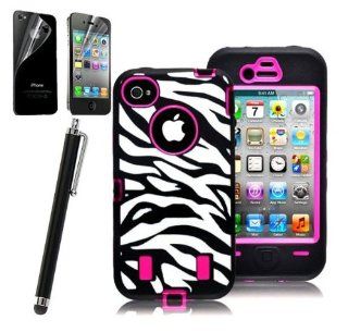 Aria (TM) BLACK ZEBRA HIGH IMPACT COMBO HARD RUBBER CASE FOR IPHONE 4 4G 4S HOT PINK Film: Cell Phones & Accessories