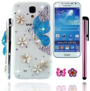 FiMeney Handmade Crystal Diamond Rhinestones Blue Fairytale Butterfly Spirit White Flower Clear Transparent Back Hard Protective Case Cover Shell For Samsung Galaxy S4 S IV GS4 4 I9500 + Cleaning Cloth + 2013 Calendar Card + Pink Stylus Pen + Butterfly And