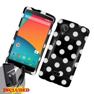 LG Google Nexus 5 D820   2 Piece Snap On Glossy Image Case Cover, White Polka Dots Black Cover + SCREEN PROTECTOR & CAR CHARGER: Cell Phones & Accessories