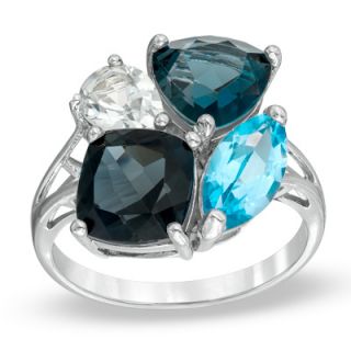 Multi Shaped Blue and White Topaz Ring in Sterling Silver   Size 7