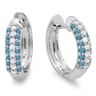 0.30 Carat (ctw) 10K White Gold Round Blue & White Diamond Ladies Pave Set Huggies Hoop Earrings 1/3 CT: Jewelry