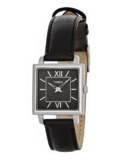 Timex Womens Elegant Square Black Dial Roman Numerals Black Leather Strap Watch T2M875 Watches