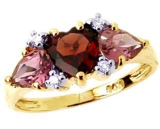 14K White Gold Heart and Pear Three GemStone Ring with Diamonds Multi Garnet Pink Tourmaline, size5: Jewelry