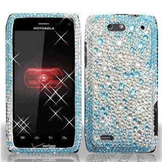 Motorola Droid 4 IV XT894 XT 894 Cell Phone Full Crystals Diamonds Bling Protective Case Cover Silver and Blue 2 tone Gemstones Design Cell Phones & Accessories