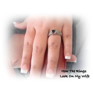 Gorgeous 1.96ct Princess Cut Black Diamond Engagement Ring Set 14k White Gold: Jewelry