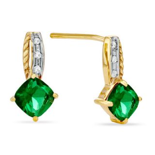 Cushion Cut Lab Created Emerald and Diamond Accent Drop Earrings in