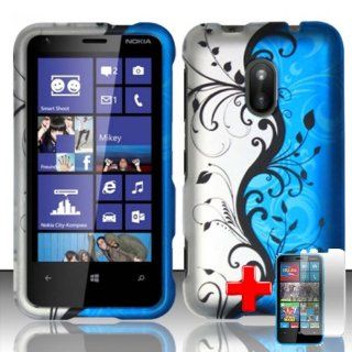 Nokia Lumia 620 (AIO Wireless) 2 Piece Snap On Rubberized Hard Plastic Image Case Cover, Black Vines Blue/Silver Cover + LCD Clear Screen Saver Protector: Cell Phones & Accessories