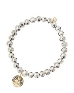 6mm Faceted Silver Pyrite Beaded Bracelet with 14k Gold/Diamond Sitting Buddha