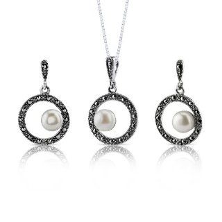 Pure Elegance Sterling Silver Rhodium Nickel Finish with Marcasite and Mabe style White Mother of Pearl Circle Pendant & Earrings Set Peora Jewelry