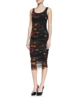 Womens Sleeveless Floral Printed Fitted Dress, Black/Multicolor   Jean Paul