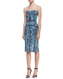 Womens Strapless Printed & Piped Seam Dress, Teal/Multicolor   Nicole Miller