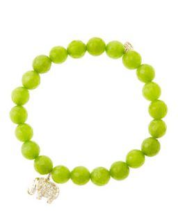 8mm Faceted Lime Jade Beaded Bracelet with 14k Gold/Diamond Small Elephant