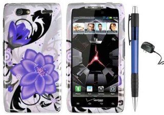 Splash ink Painting Purple Violet Lily Flower On White Premium Design Protector Hard Cover Case for Motorola Droid RAZR MAXX XT916 Android Smartphone (Verizon) + Luxmo Brand Travel (Wall) Charger + Bonus 1 of New Rubber Grip Translucent Ball Point Pen: Cel