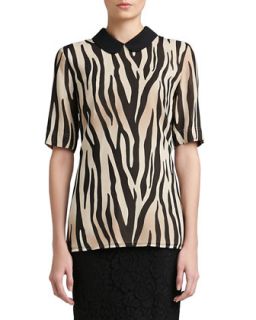 Womens Tigre Print Silk Georgette Elbow Sleeve Blouse with Silk CDC Collar &