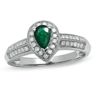 Pear Shaped Emerald and 1/4 CT. T.W. Diamond Vintage Style Ring in 10K