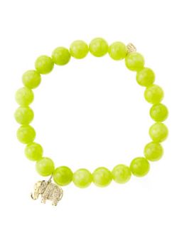 8mm Smooth Lime Jade Beaded Bracelet with 14k Gold/Diamond Small Elephant Charm