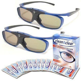 2 pieces of 3D DLP Link Glasses "Blue Heaven + 26pcs wet cleaning cloths" for all 3D DLP Projectors and for all Samsung or Mitsubishi 3D DLP HDTVs (USB Rechargeable, Lightweight, only 32g) TWIN PACK Compatible also with BenQ W1070 ! Not for LCD o