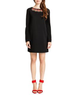 Womens Jersey Long Sleeve Shift Dress with Embellished Neck, Black/Multicolor  