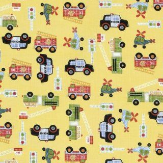 Northcott Rescue 911 Fire Trucks, Police Cars & Helicopters Yellow Fabric Yardage