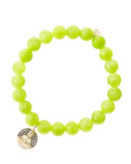 8mm Smooth Lime Jade Beaded Bracelet with 14k Gold/Diamond Sitting Buddha Charm
