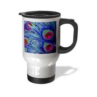 3dRose Vector Peacock Feathers in Electric Blue and Pink Travel Mug, 14 Ounce, Stainless Steel: Kitchen & Dining