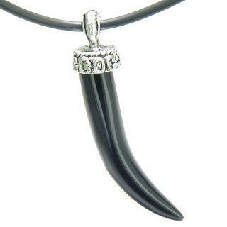 Amulet Italian Horn Lucky Charm Black Onyx Gemstone Spiritual Powers Pendant on Leather Cord Necklace: Stainless Italian Horn Charm: Jewelry