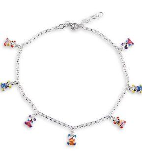 925 Silver Multi Color Teddy Bear Charm Ankle Bracelet Jewelry