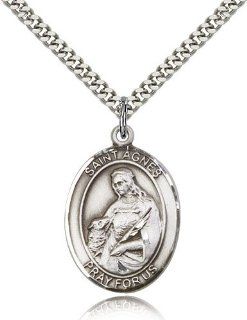 Large Detailed Men's .925 Sterling Silver Saint St. Agnes of Rome Medal Pendant 1 x 3/4 Inches Virgins/Girl Scouts 7128  Comes with a Stainless Silver Heavy Curb Chain Neckace And a Black velvet Box: Jewelry