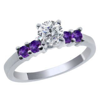 0.74 Ct Round G/H Diamond Purple Amethyst 925 Sterling Silver Engagement Ring: Jewelry