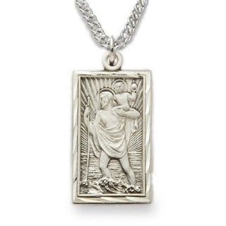 .925 Sterling Silver Engraved Rectangle St. Christopher Medal Pendant Jewelry Patron Saint Medal Pendant Catholic w/Chain Necklace 20" Length: Jewelry
