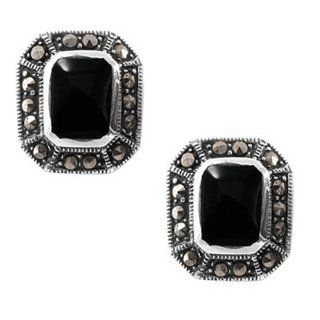 Rectangle Inlay Marcasite Earrings Sterling Silver 925 Black Onyx: Stud Earrings: Jewelry