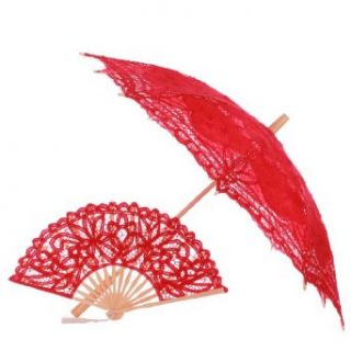 Topwedding Red Battenburg Pure Cotton Parasol Umbrella with Handmade Fan: Clothing