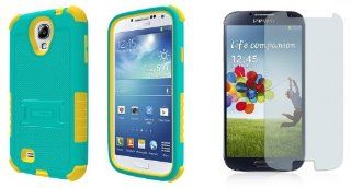 Samsung Galaxy S4   Premium Accessory Kit   Turquoise / Yellow Heavy Duty Hybrid Armor Kick Stand Case + Atom LED Keychain Light + Screen Protector: Cell Phones & Accessories