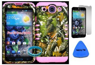 LG Optimus G Pro E980 Camo Mossy Hunter Series Green Leaves Plastic Snap on + Baby Pink Silicone Kickstand Cover Case (Screen Protector, Pry Tool & Wireless Fones TM Wristband Included): Cell Phones & Accessories