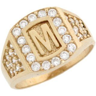 14k Real Yellow Gold White CZ Accent Letter M Initial Ring: Jewelry