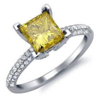 1.71ct Canary Yellow Princess Cut Diamond Engagement Ring 18k White Gold: Jewelry