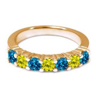 1.25 Ct Round London Blue Topaz Canary Diamond 18K Yellow Gold Wedding Band Ring: Jewelry