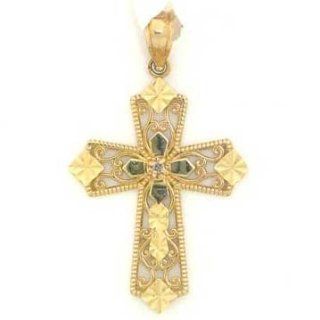 14k Solid Yellow Gold Real Diamond Cross Pendant Charm: Jewelry