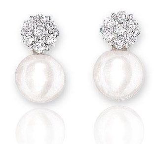 14k White Gold Diamond Fresh Water Pearl Drop Earrings: Dangle Earrings: Jewelry