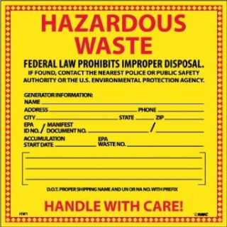 NMC HW1 Hazardous Waste Container Label, "HAZARDOUS WASTE", 6" Width x 6" Height, Pressure Sensitive Vinyl, Red/Black on Yellow (Pack of 25): Industrial & Scientific