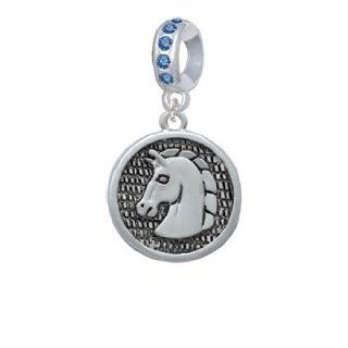 Large Classic Horse Head in Disc Sapphire Crystal Charm Bead Dangle: Jewelry