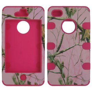 Apple iPhone 4 4s hybrid 3 in 1 Pink / Hot Pink Oak Realtree hunting camo camouflage high impact shock defender plastic outside with silicone inside 3n1 2Dhard case phone cover fits all versions verizon, att, t mobile , sprint and slimmer light weight desi