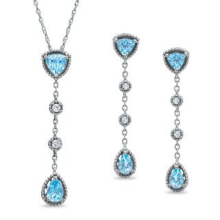 Blue Topaz and Lab Created White Sapphire Stick Pendant and Earrings